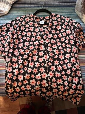 CAbi Black Floral Blouse with Pink Blossoms and Red Centers